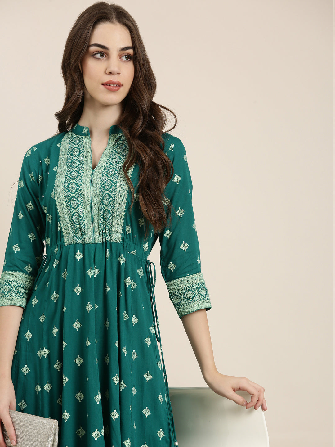 Women Teal Printed Anarkali Kurta