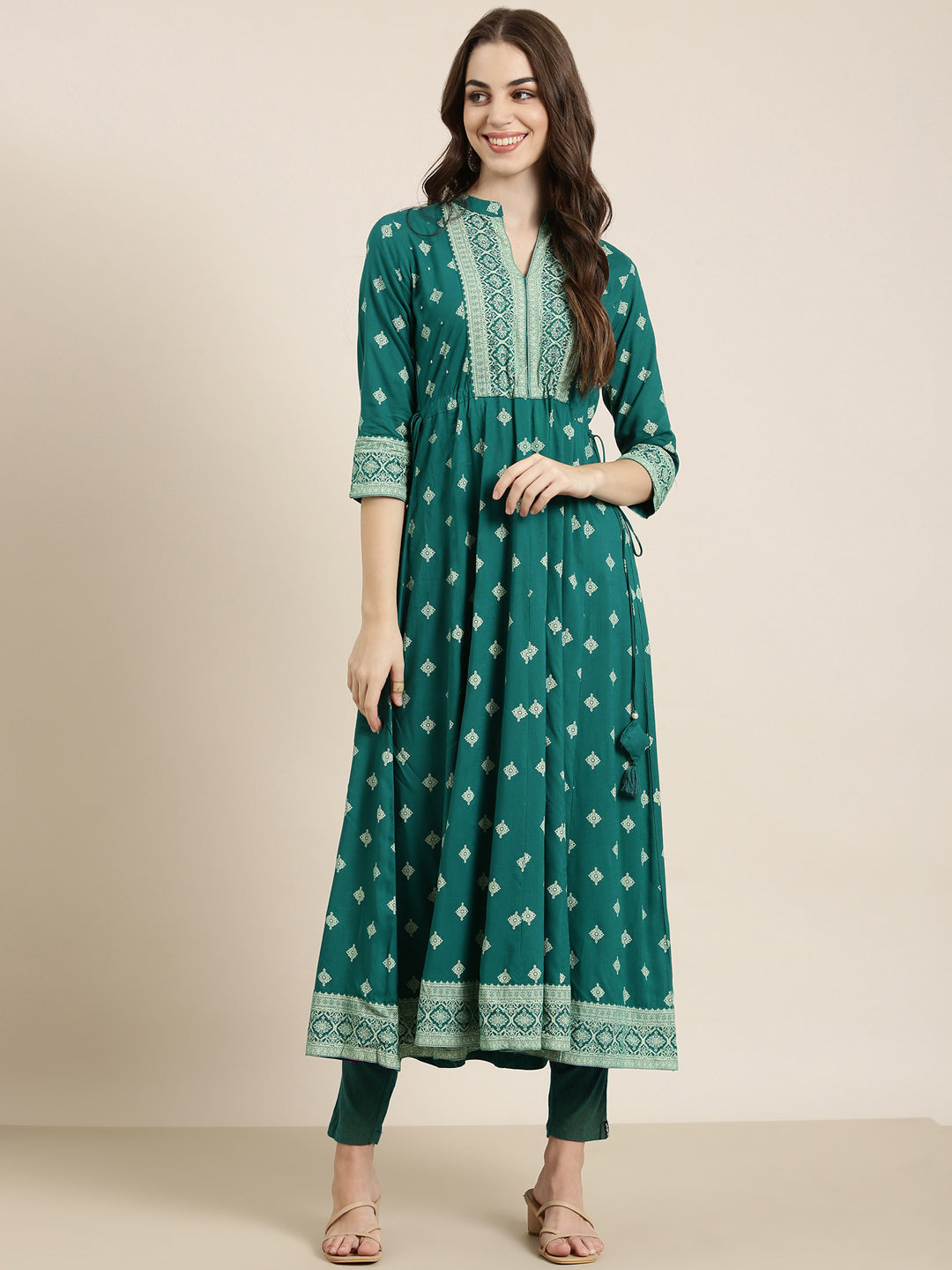 Women Teal Printed Anarkali Kurta