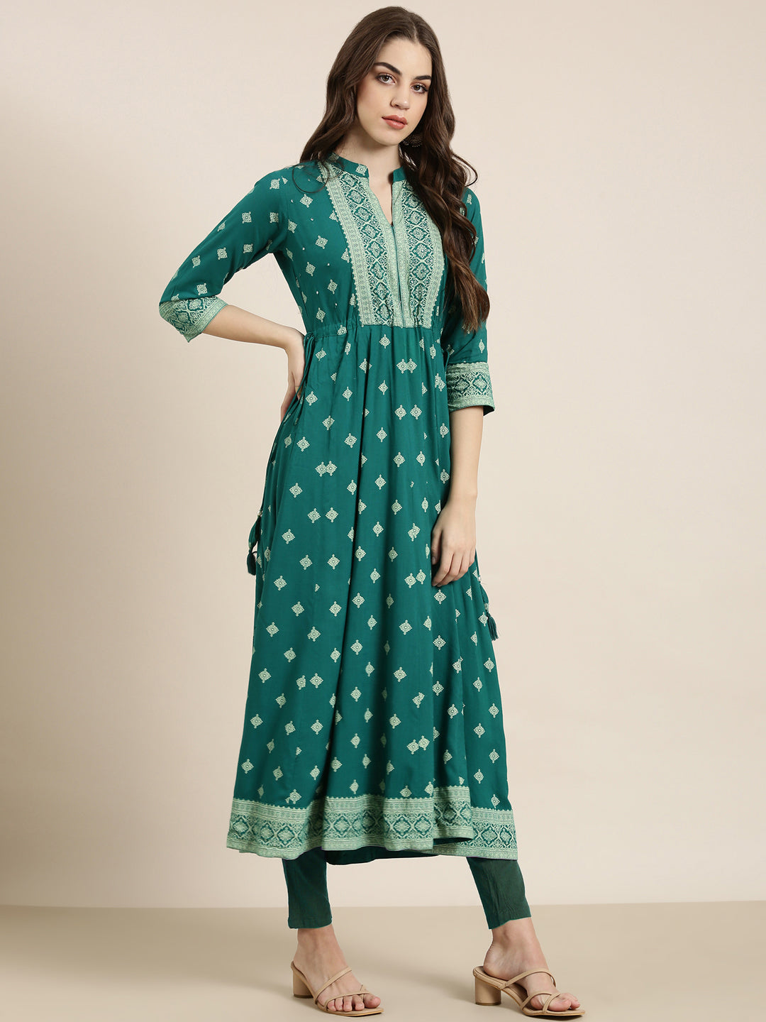 Women Teal Printed Anarkali Kurta