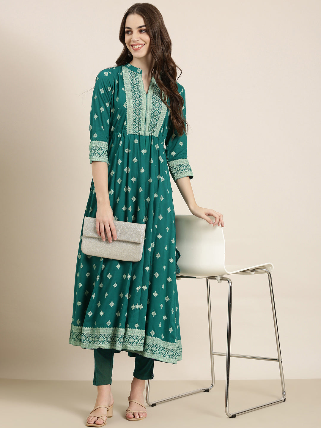 Women Teal Printed Anarkali Kurta