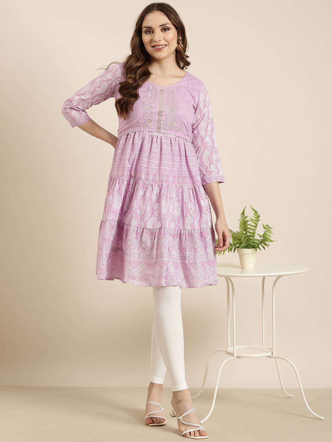 Women A-Line Lavender Ethnic Motifs Kurta