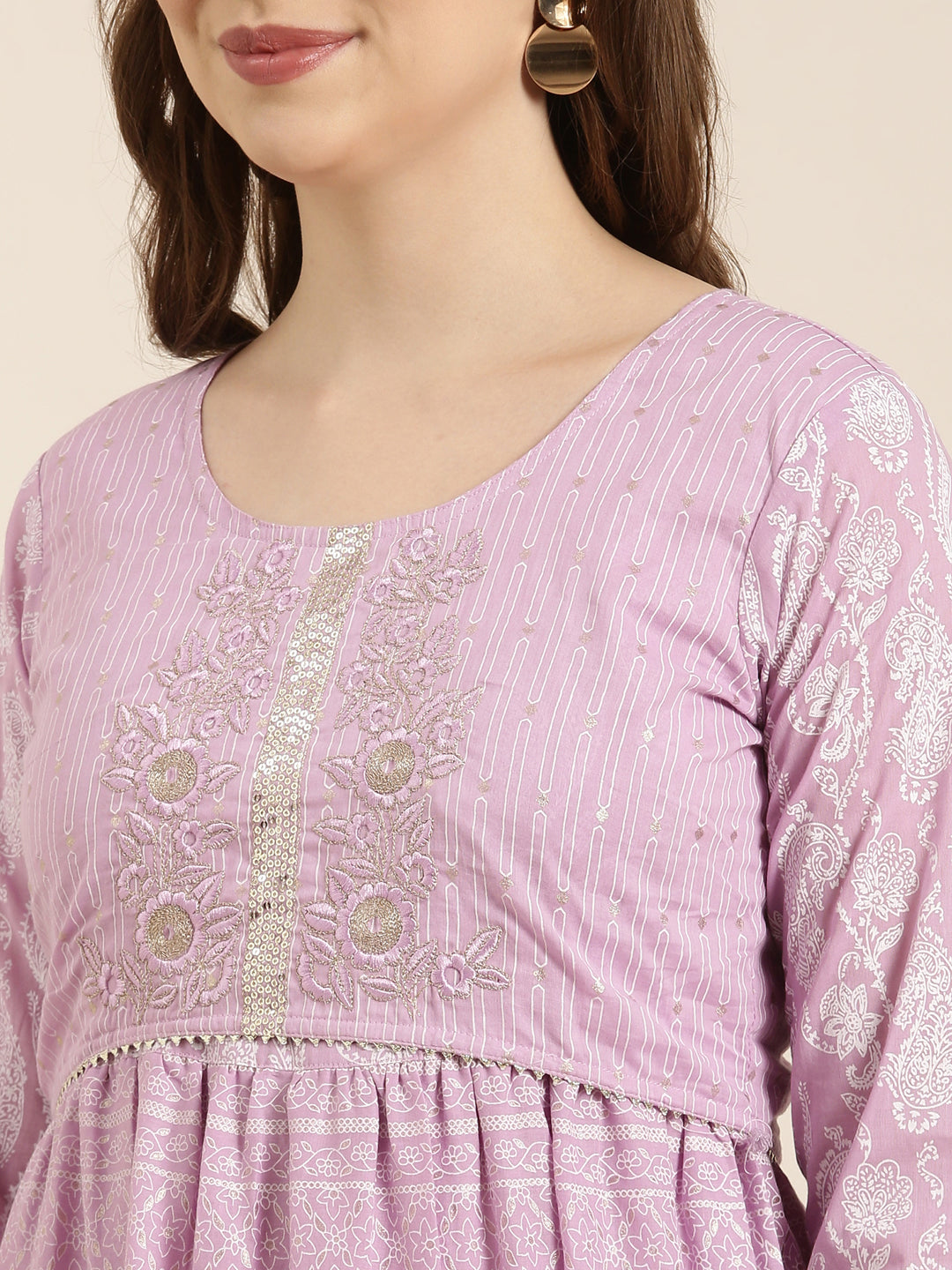 Women A-Line Lavender Ethnic Motifs Kurta