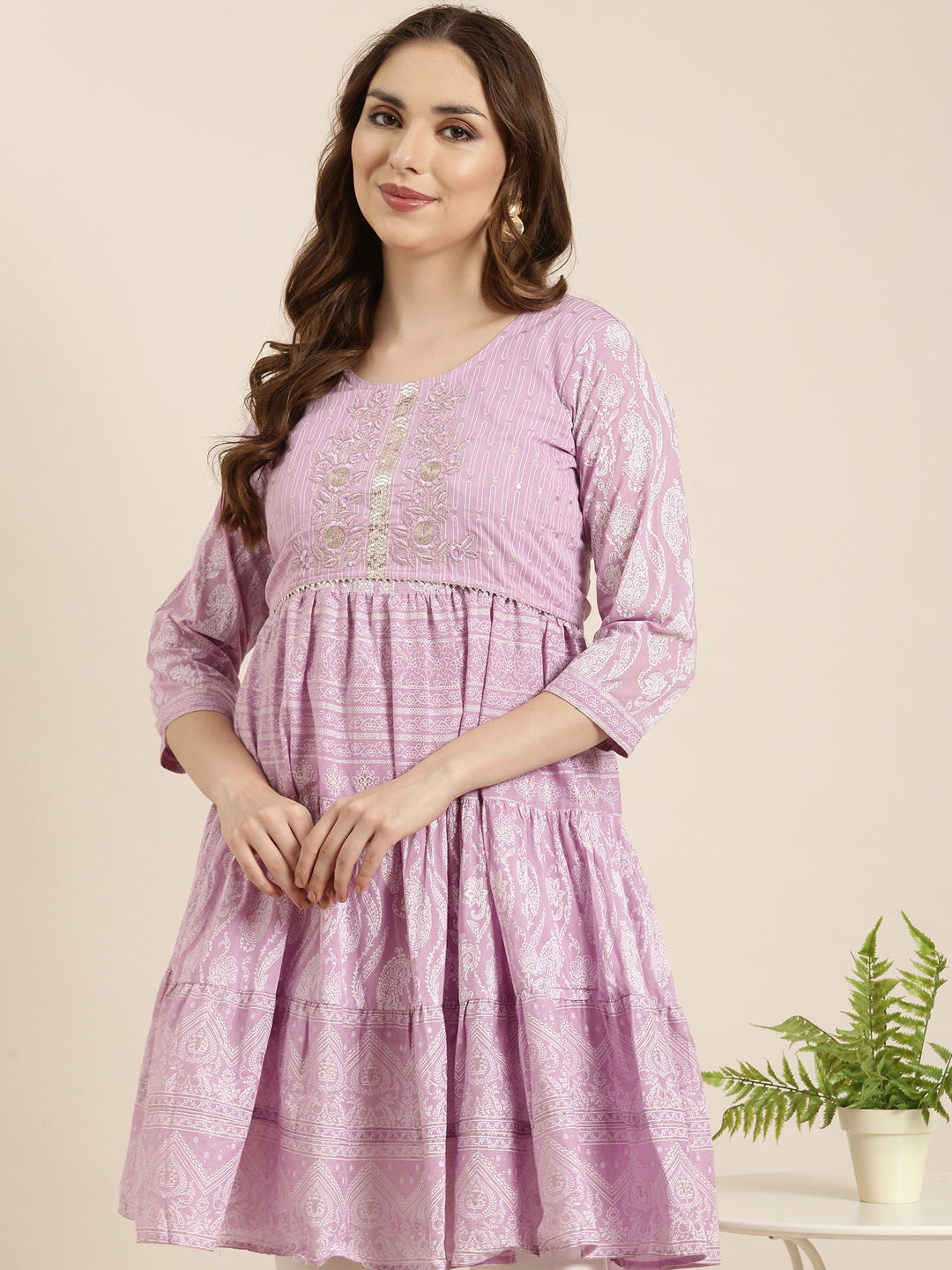 Women A-Line Lavender Ethnic Motifs Kurta