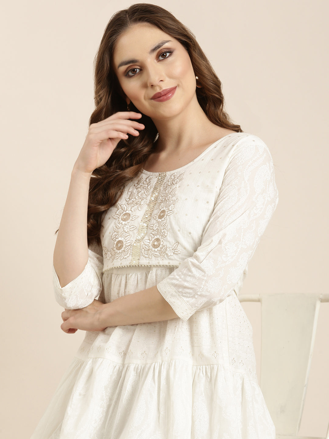 Women A-Line Off White Ethnic Motifs Kurta