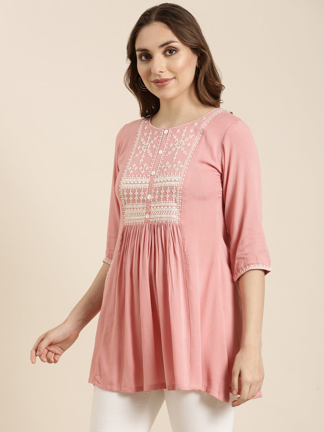 Women Solid Peach A-Line Kurti