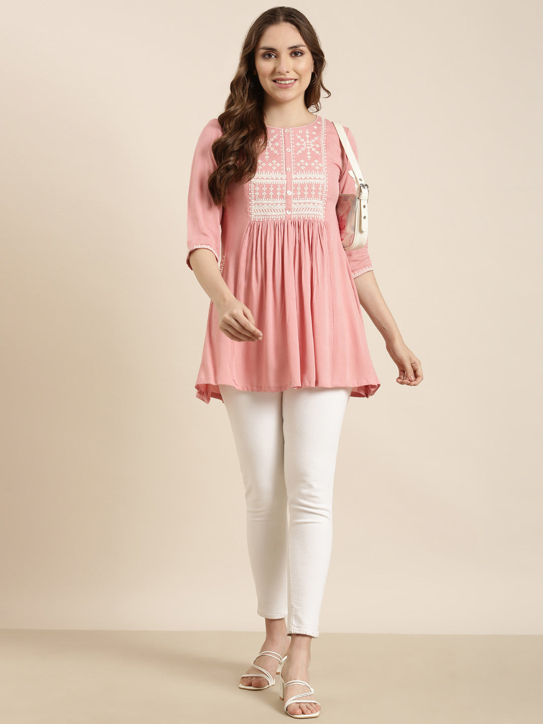 Women Solid Peach A-Line Kurti