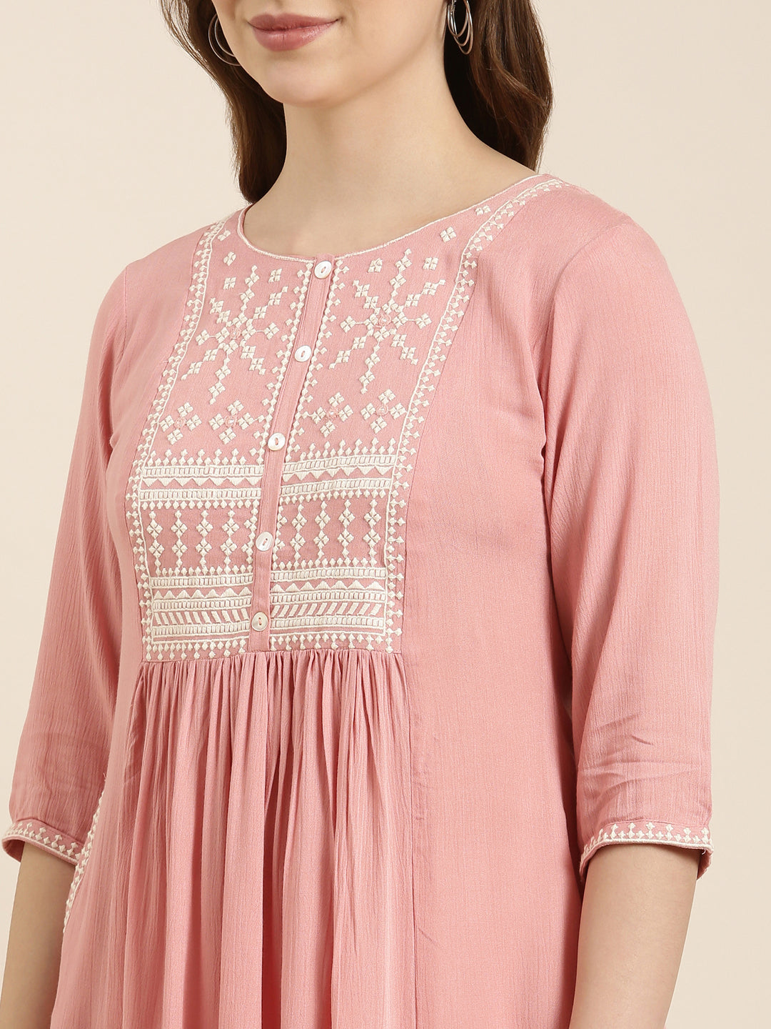 Women Solid Peach A-Line Kurti