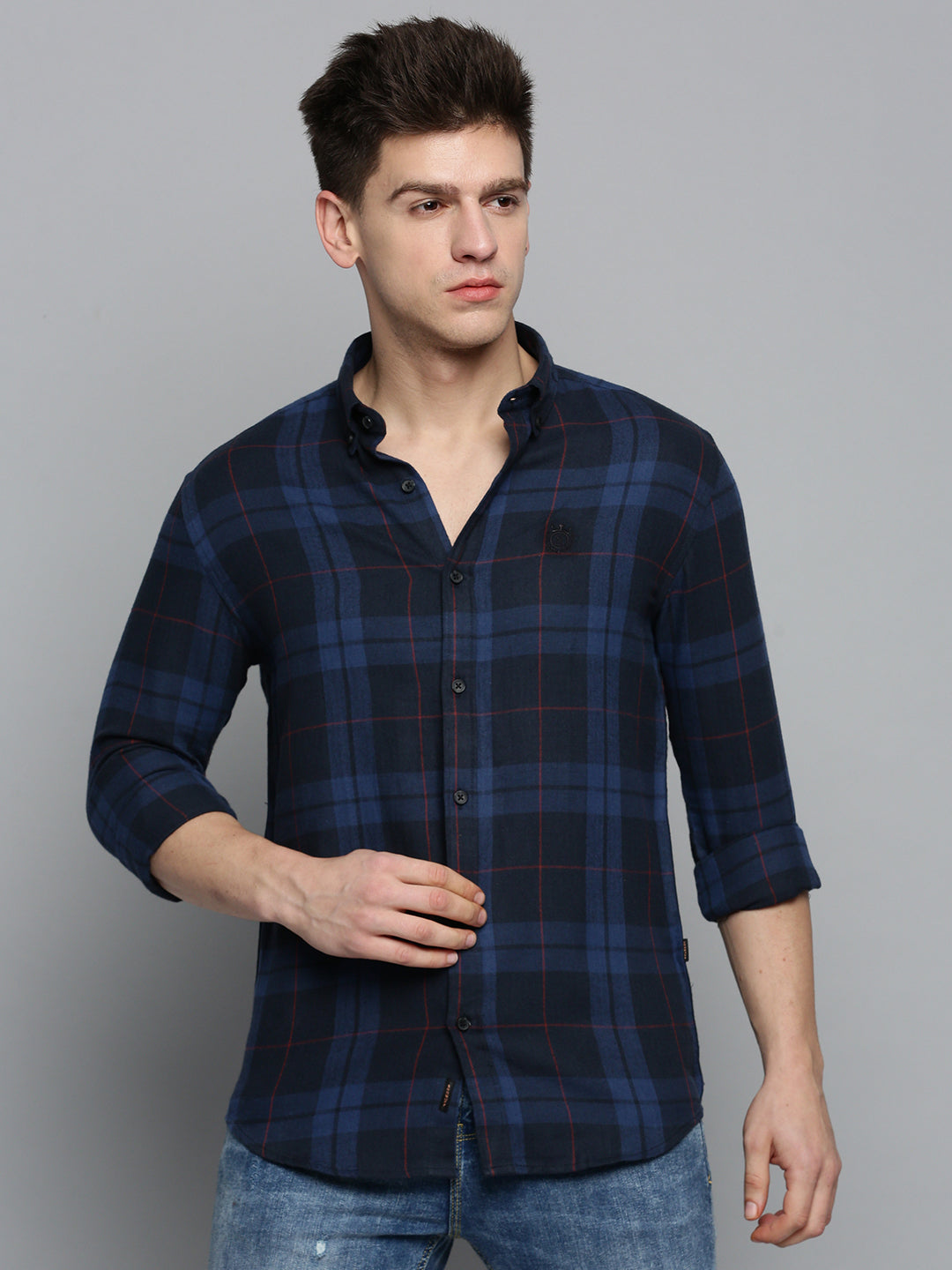 Men's Navy Blue Comfort Tartan Checked Casual Cotton Shirt
