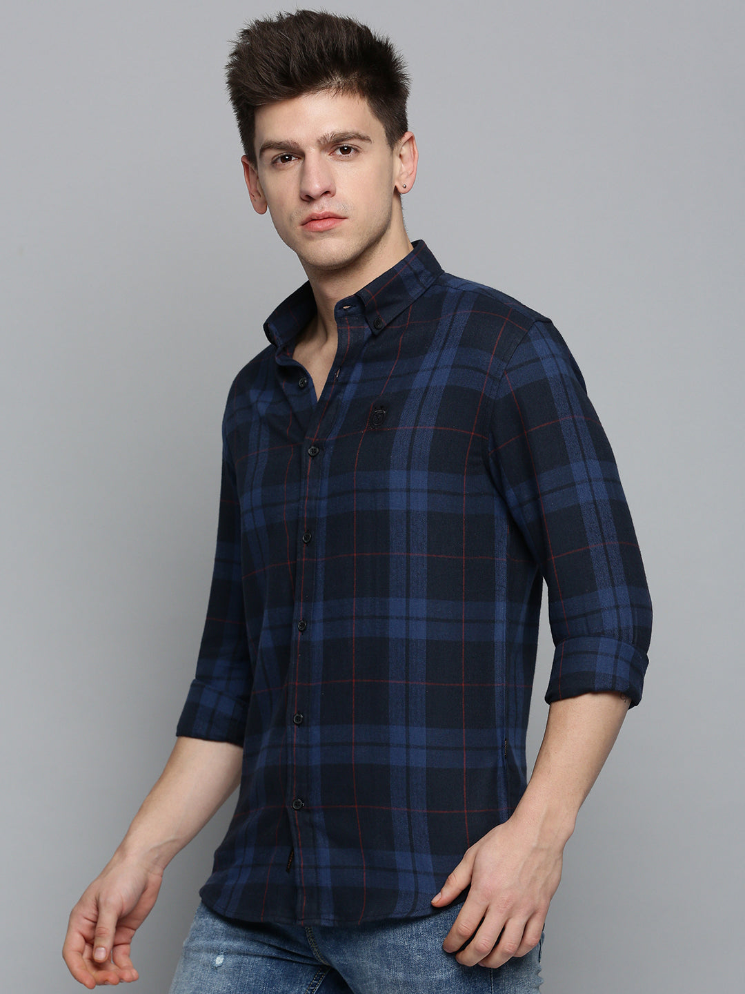 Men's Navy Blue Comfort Tartan Checked Casual Cotton Shirt