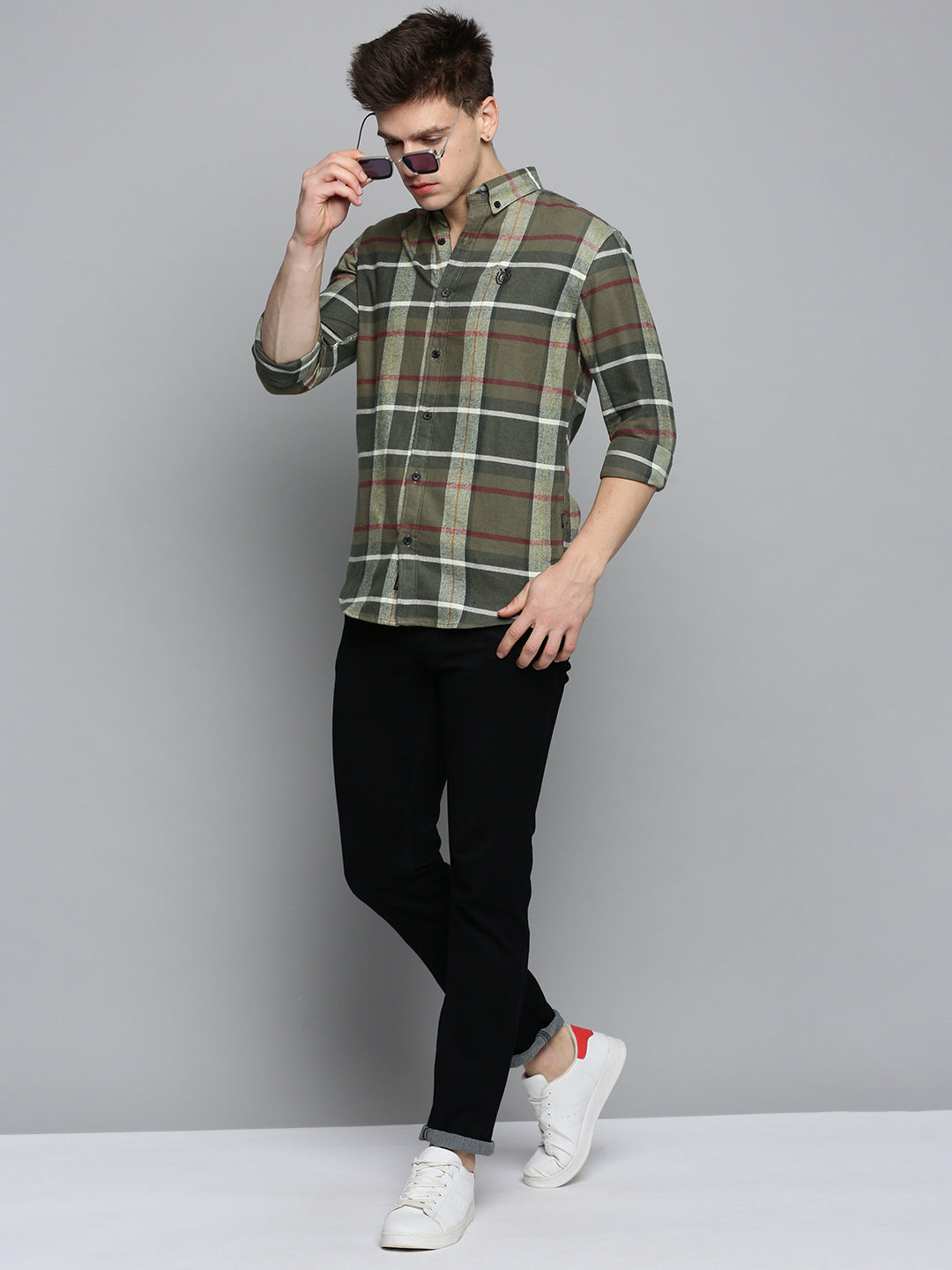 Men Green Checked Casual Shirt