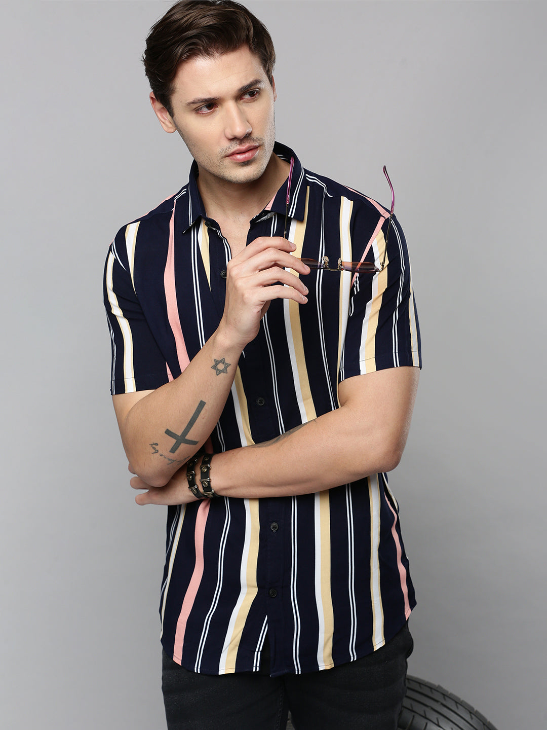 Men Navy Striped Casual Shirt