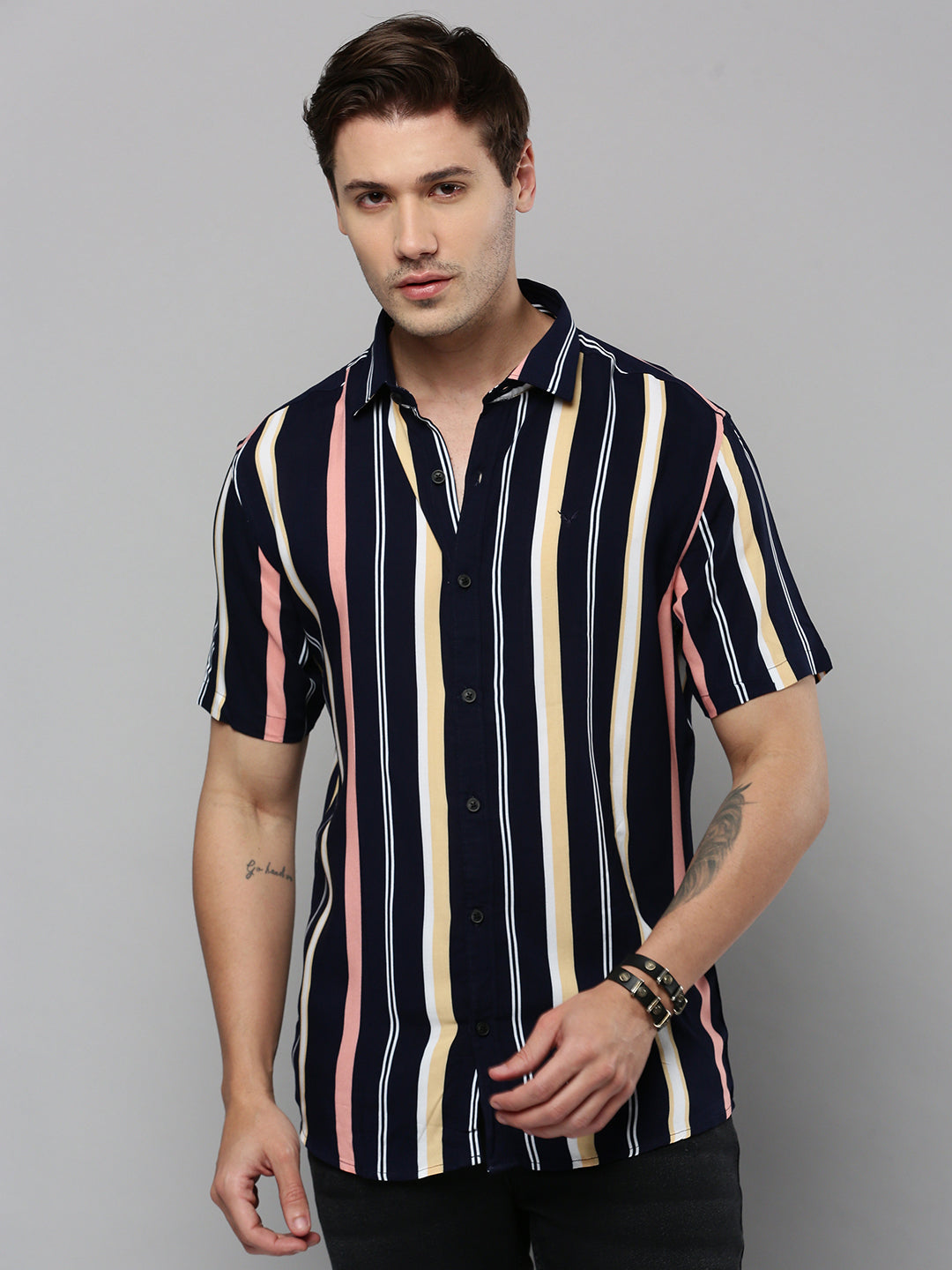 Men Navy Striped Casual Shirt