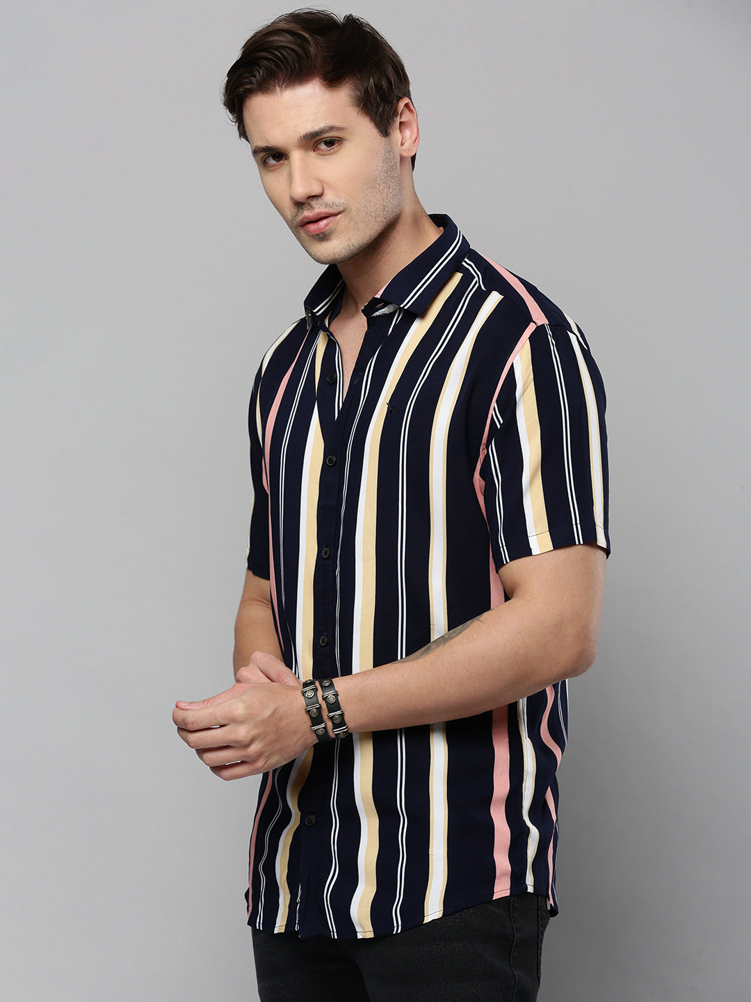 Men Navy Striped Casual Shirt