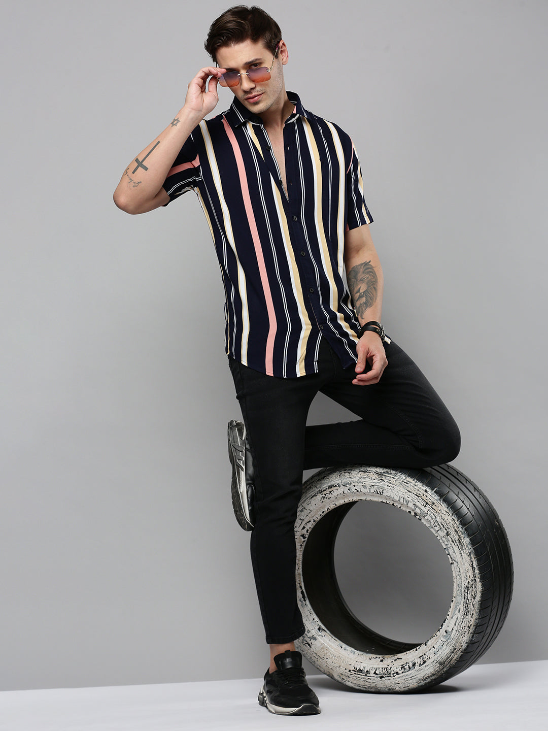 Men Navy Striped Casual Shirt