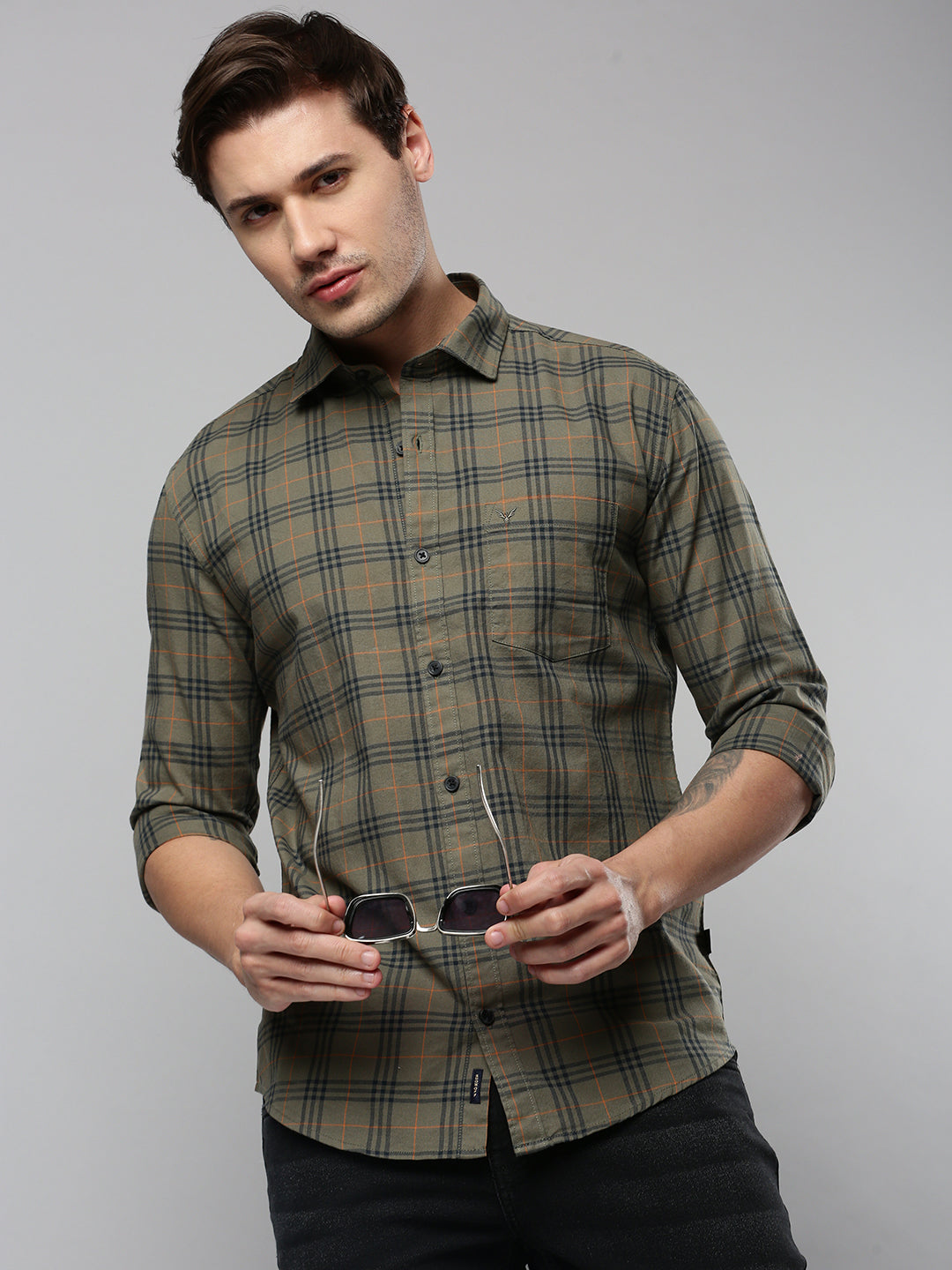 Men Green Checked Casual Shirt