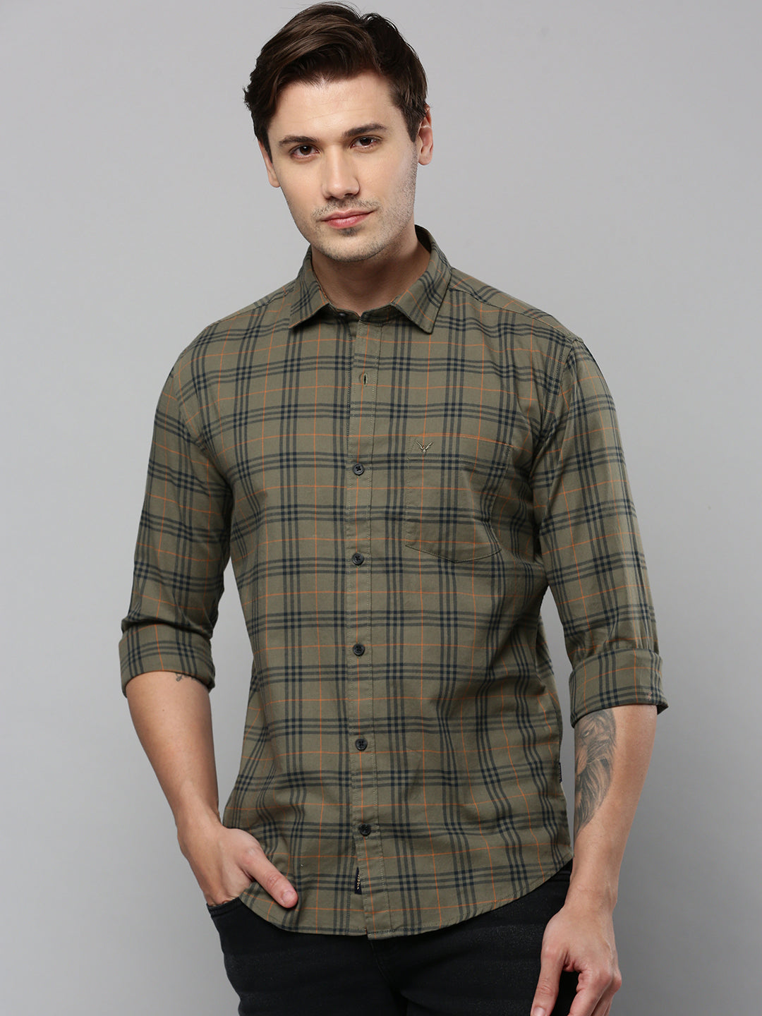 Men Green Checked Casual Shirt