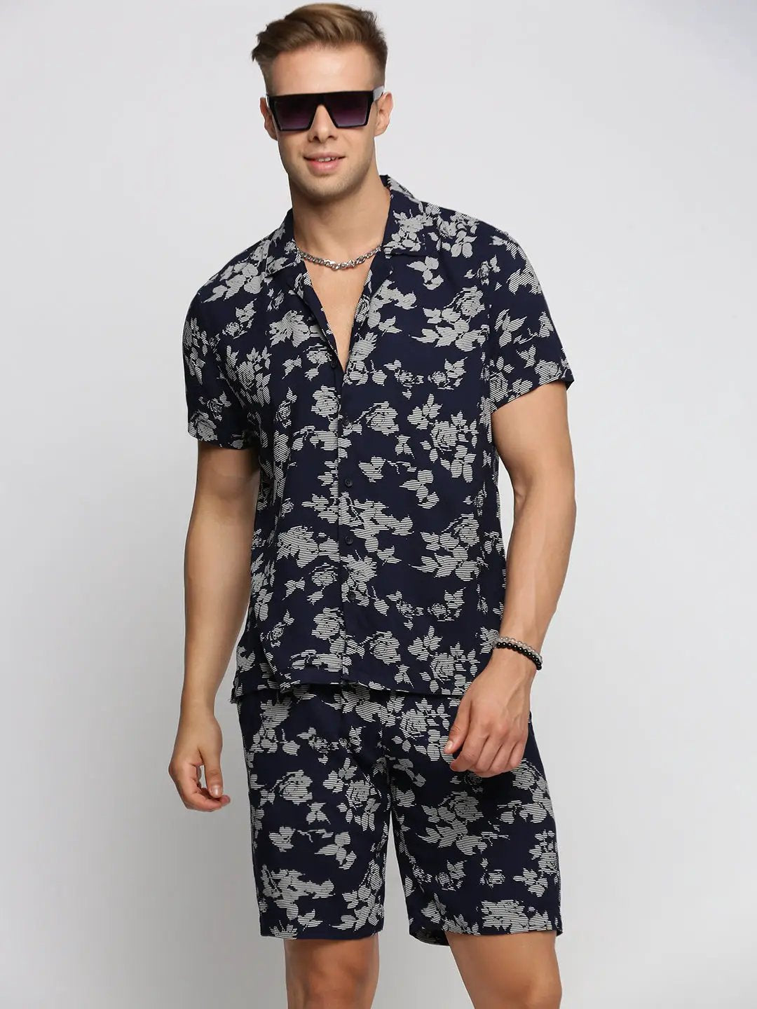Men's Navy Blue Cuban Collar Printed Over Sized Co-ords Set