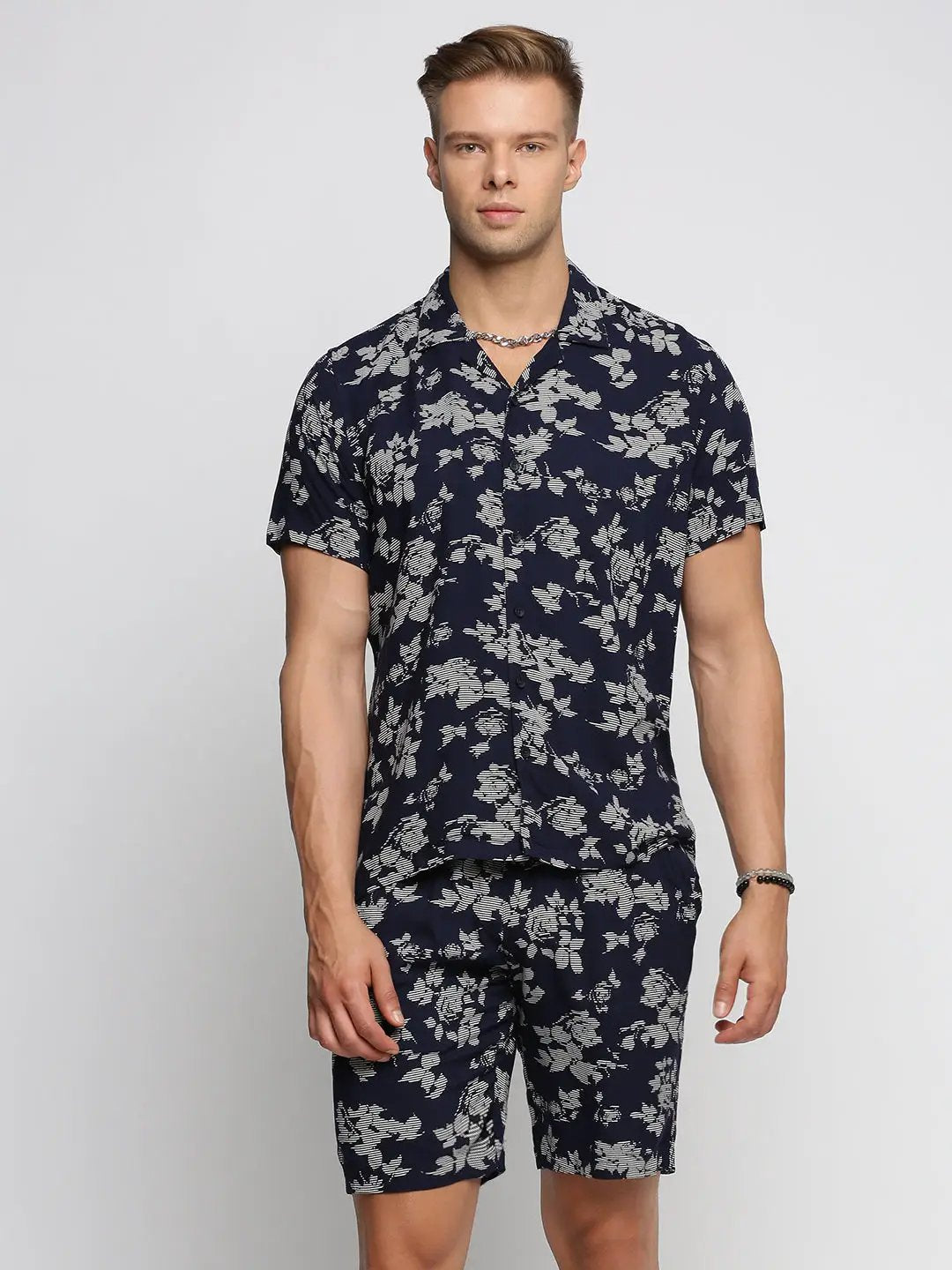 Men's Navy Blue Cuban Collar Printed Over Sized Co-ords Set