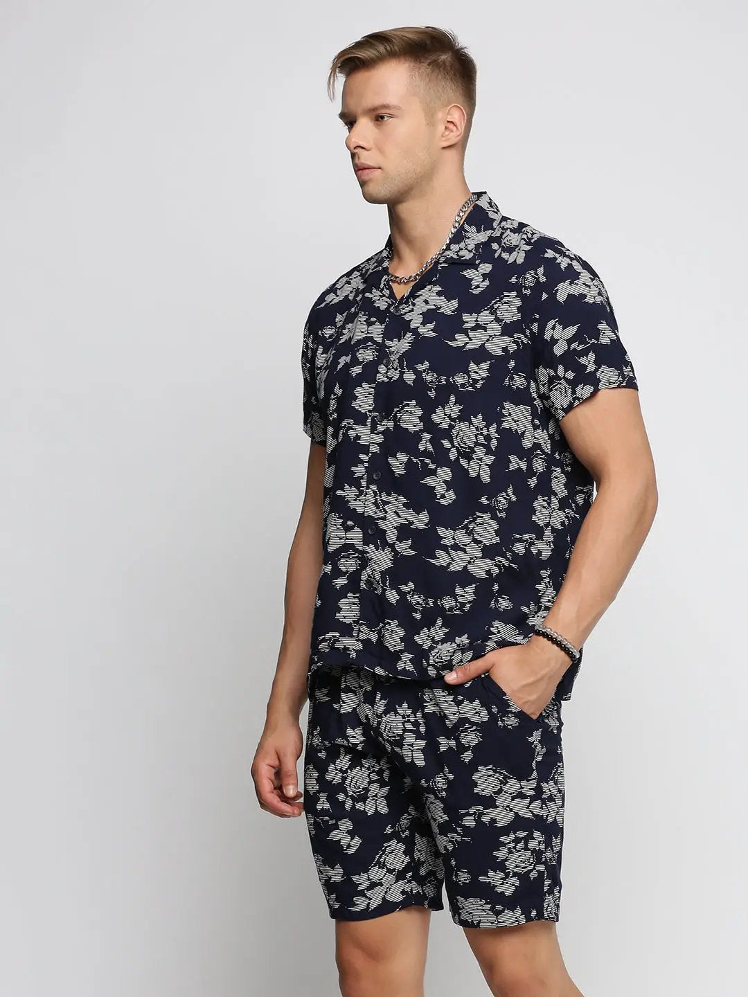 Men's Navy Blue Cuban Collar Printed Over Sized Co-ords Set