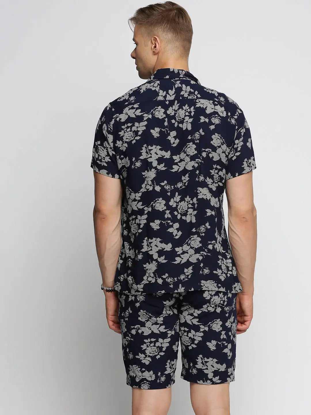 Men's Navy Blue Cuban Collar Printed Over Sized Co-ords Set