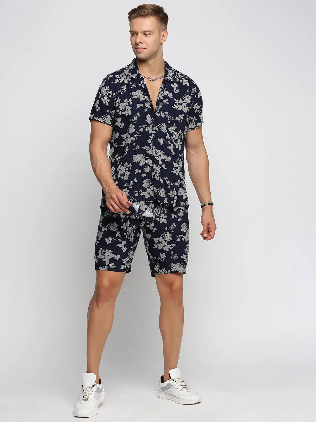 Men's Navy Blue Cuban Collar Printed Over Sized Co-ords Set