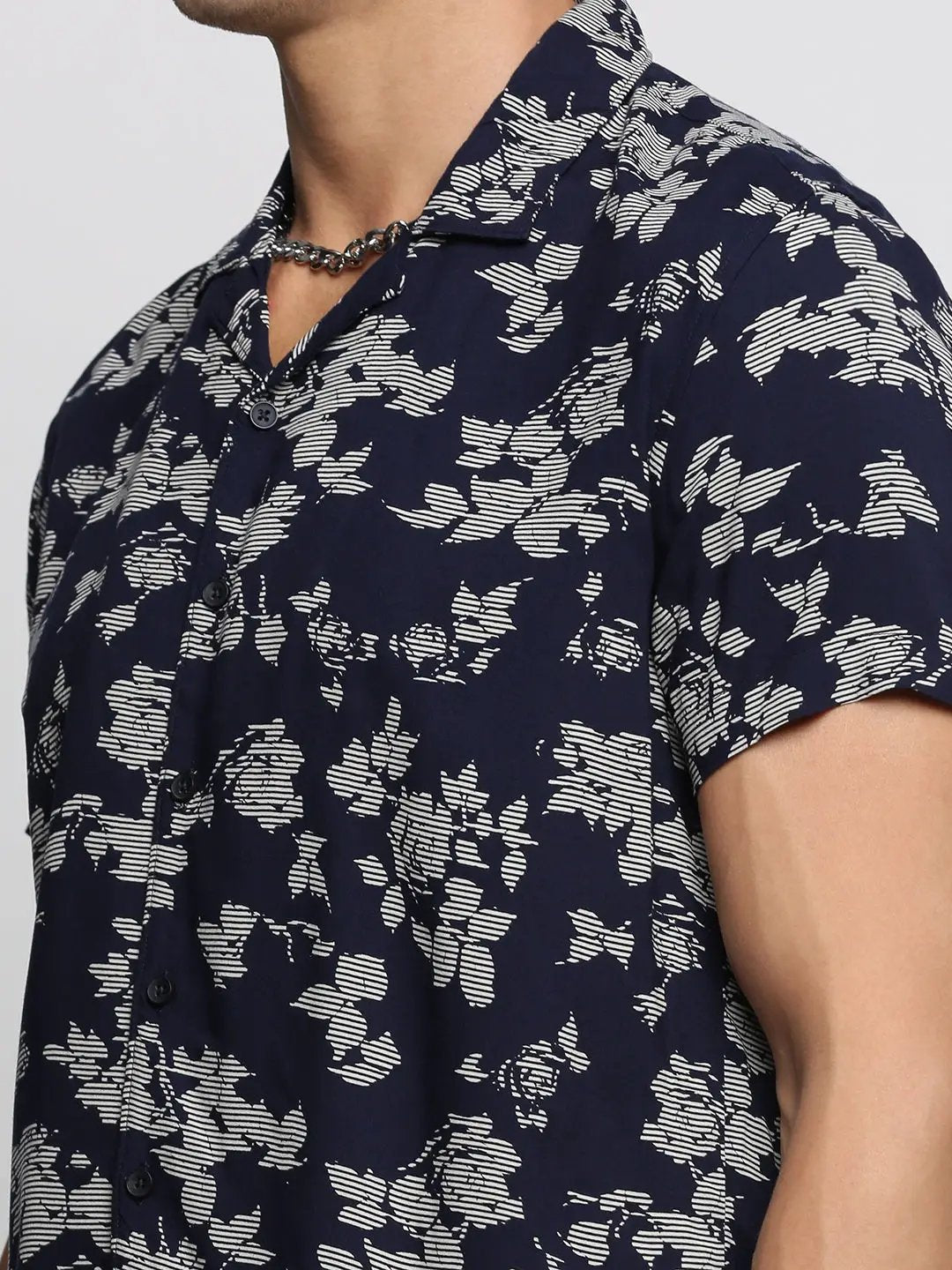 Men's Navy Blue Cuban Collar Printed Over Sized Co-ords Set