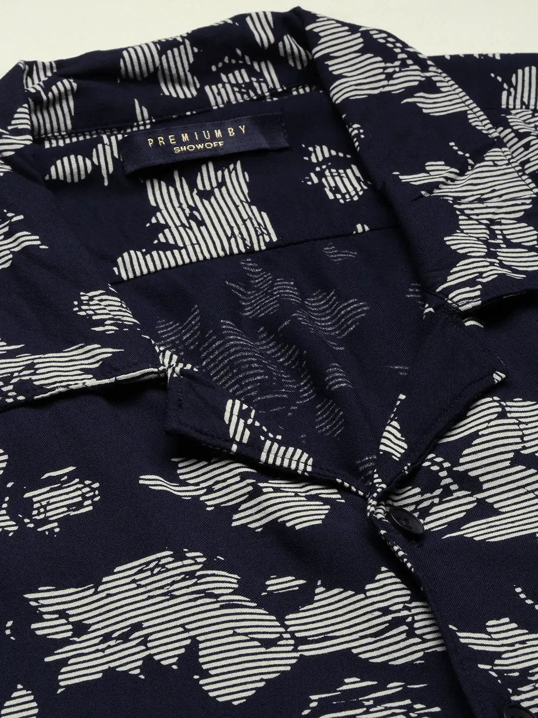 Men's Navy Blue Cuban Collar Printed Over Sized Co-ords Set