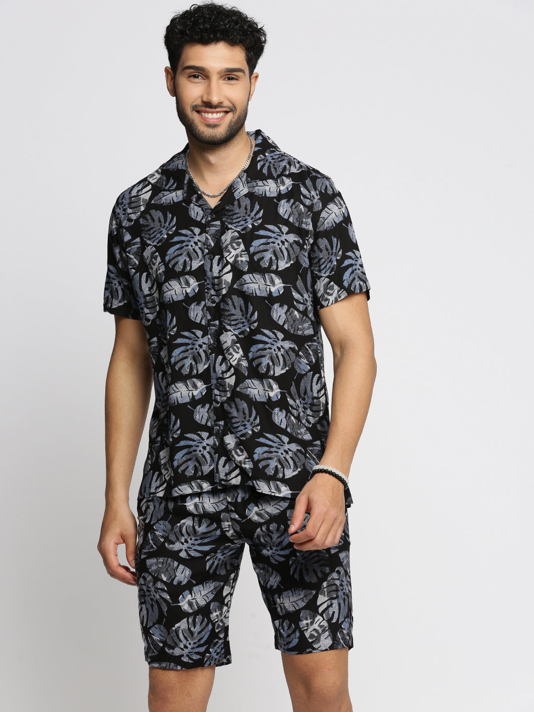 Men Black Cuban Collar Printed Over Sized Co-ords Set