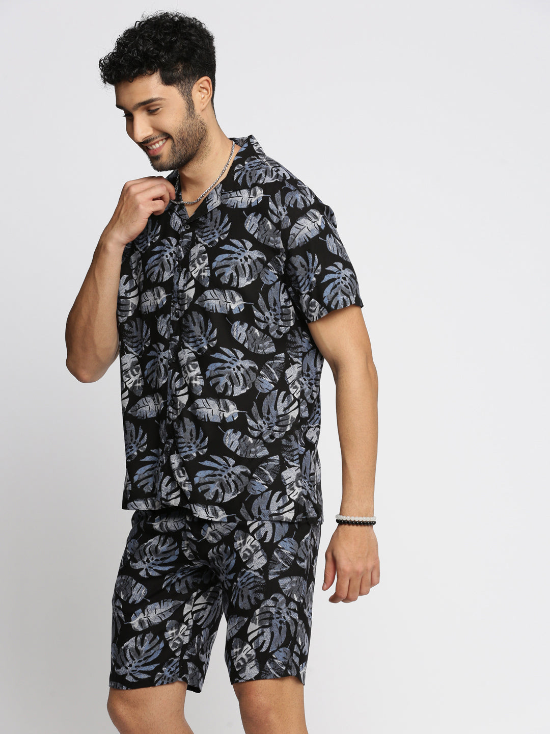 Men Black Cuban Collar Printed Over Sized Co-ords Set