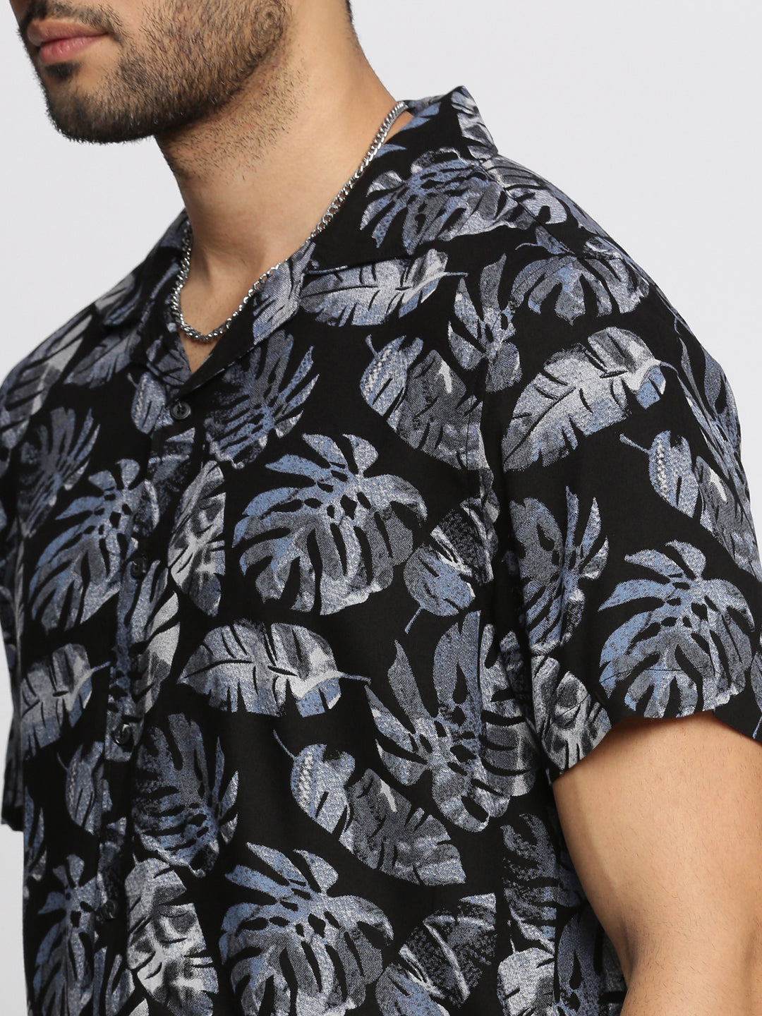 Men Black Cuban Collar Printed Over Sized Co-ords Set