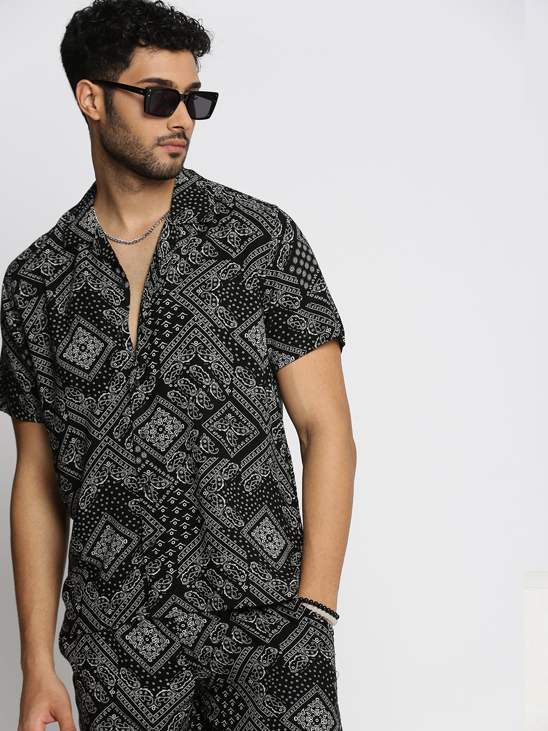 Men's Black Cuban Collar Printed Over Sized Co-ords Set
