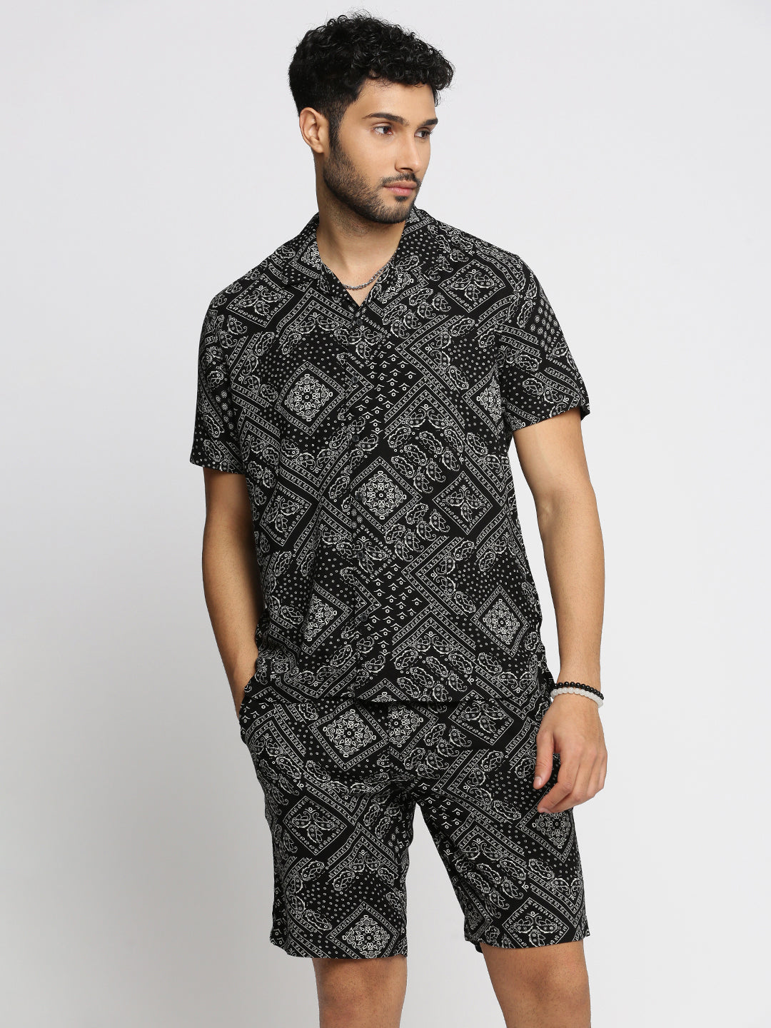 Men's Black Cuban Collar Printed Over Sized Co-ords Set