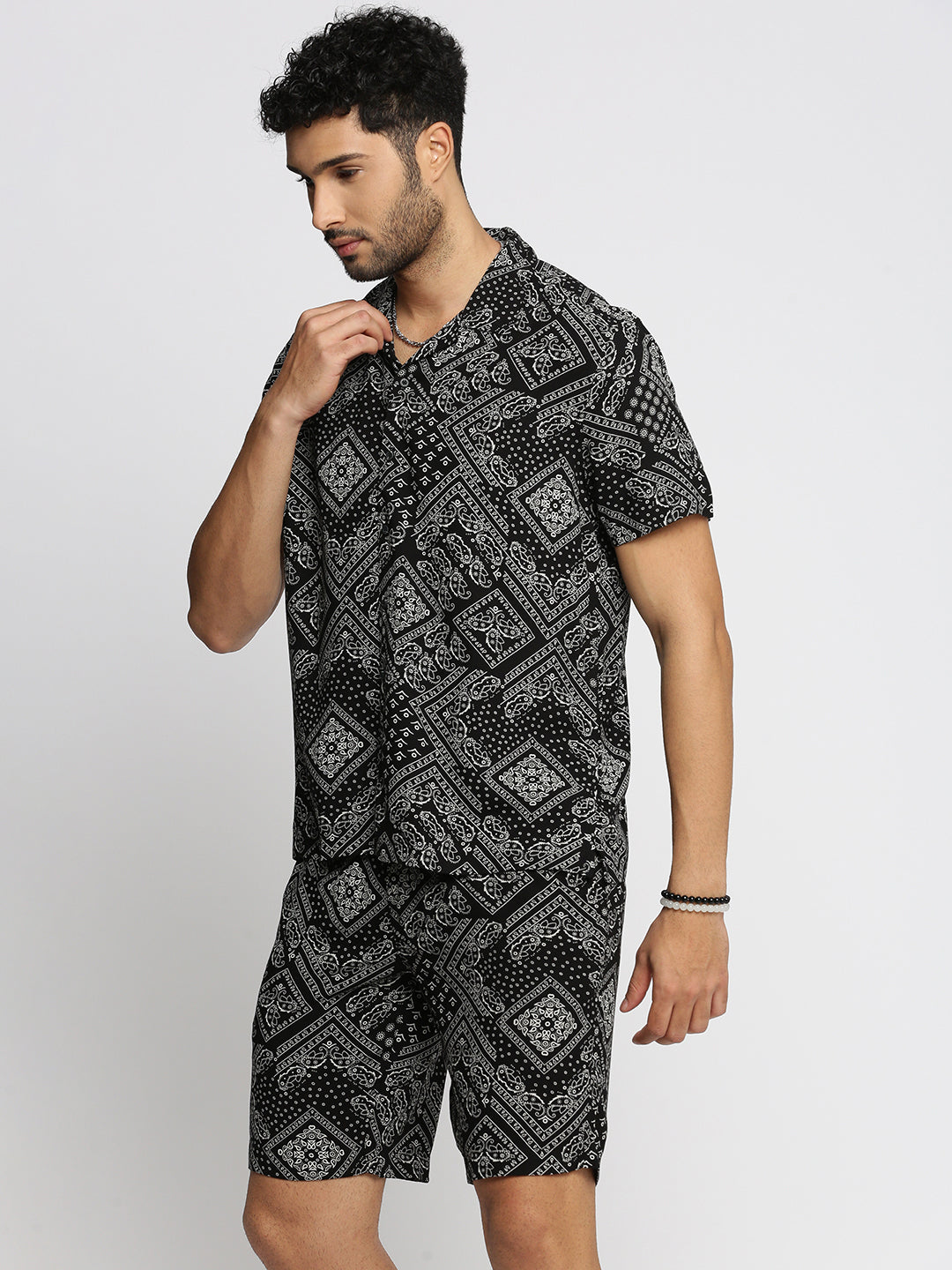 Men's Black Cuban Collar Printed Over Sized Co-ords Set