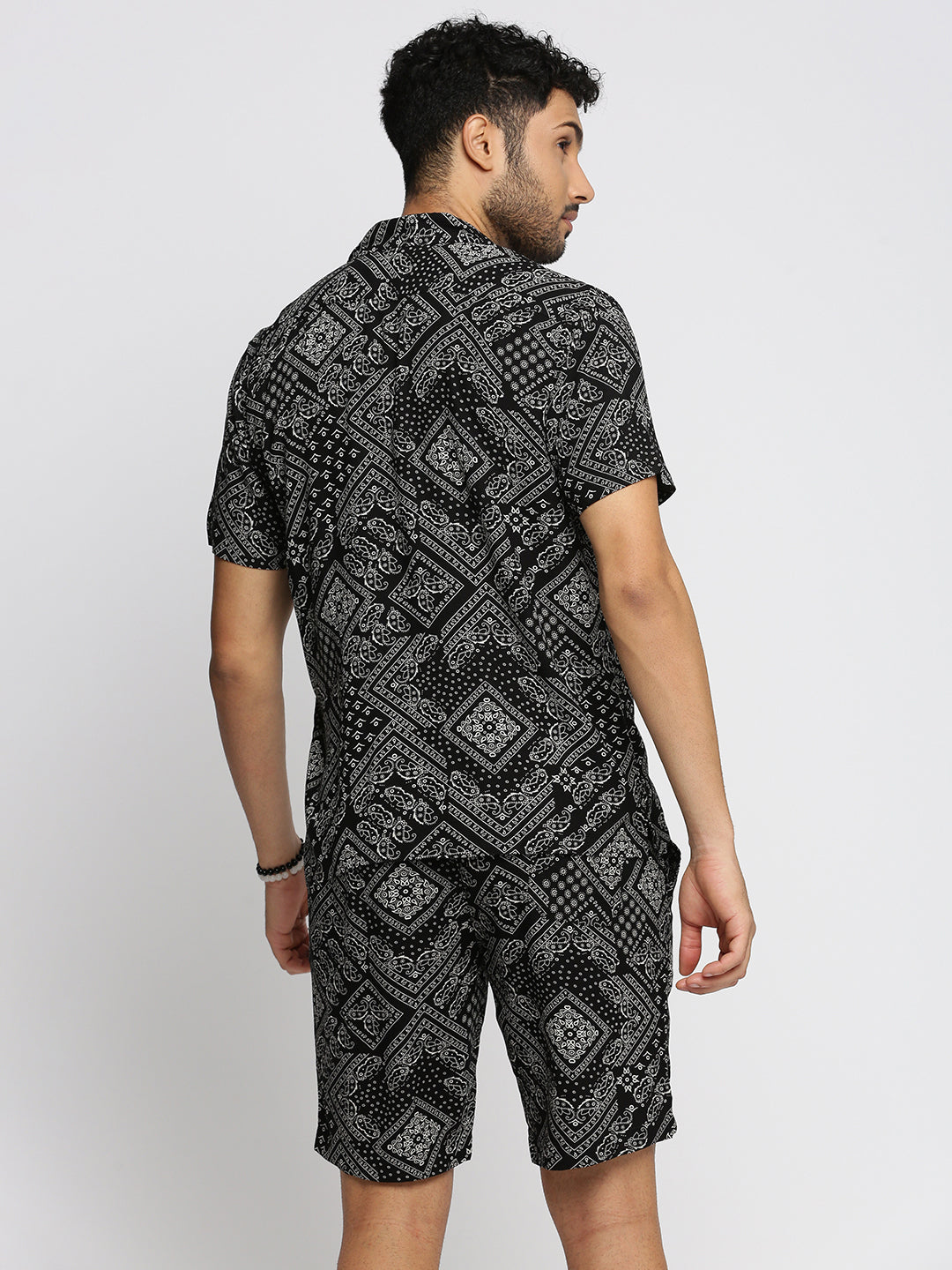 Men's Black Cuban Collar Printed Over Sized Co-ords Set