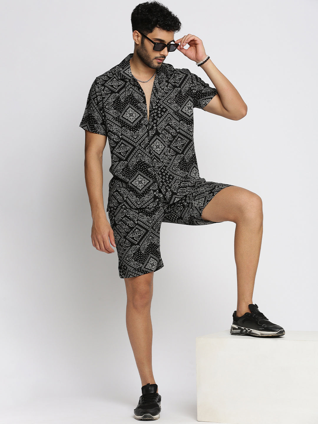 Men's Black Cuban Collar Printed Over Sized Co-ords Set