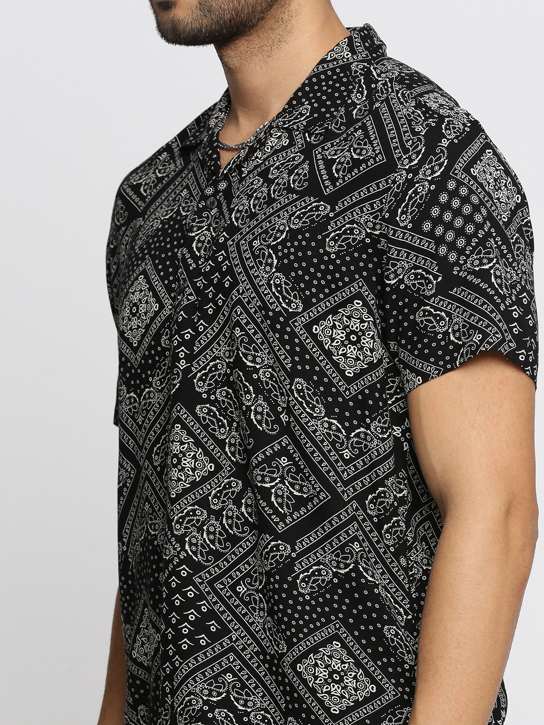 Men's Black Cuban Collar Printed Over Sized Co-ords Set