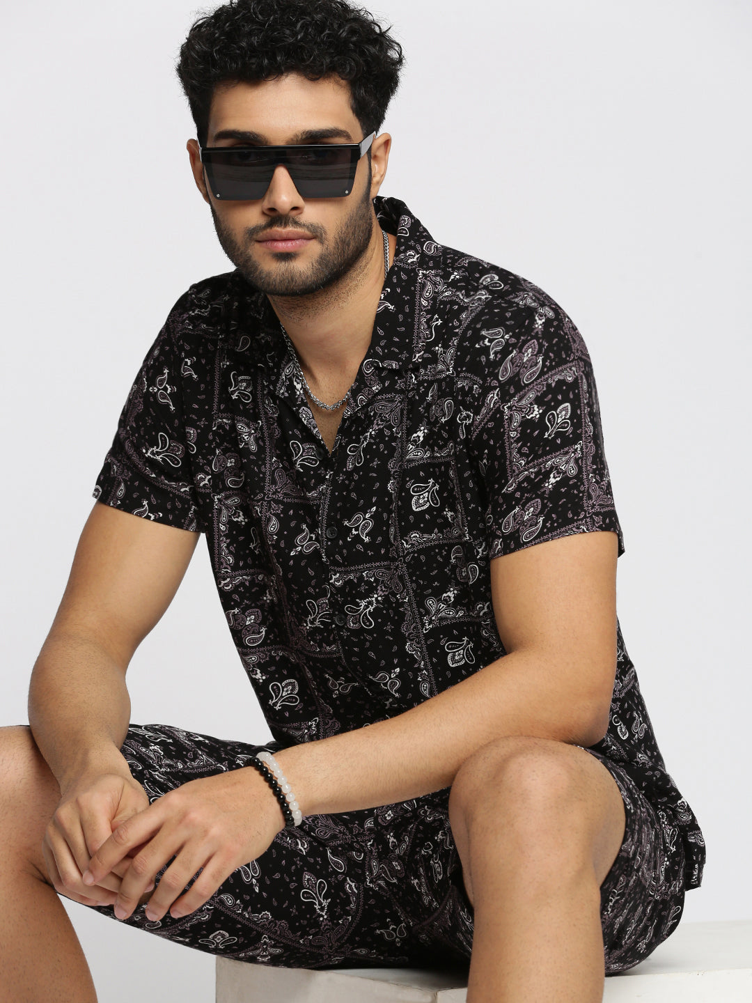 Men Black Cuban Collar Printed Over Sized Co-ords Set