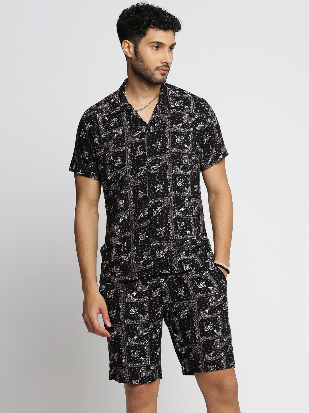 Men Black Cuban Collar Printed Over Sized Co-ords Set