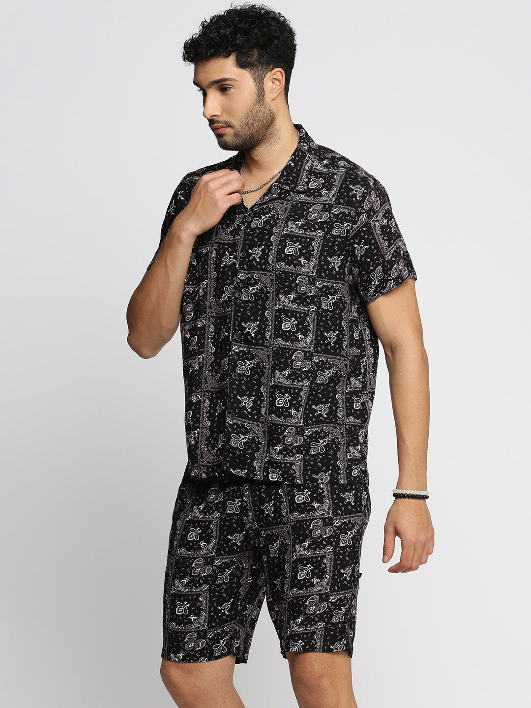 Men Black Cuban Collar Printed Over Sized Co-ords Set