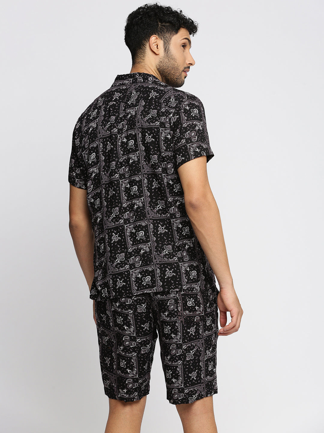 Men Black Cuban Collar Printed Over Sized Co-ords Set