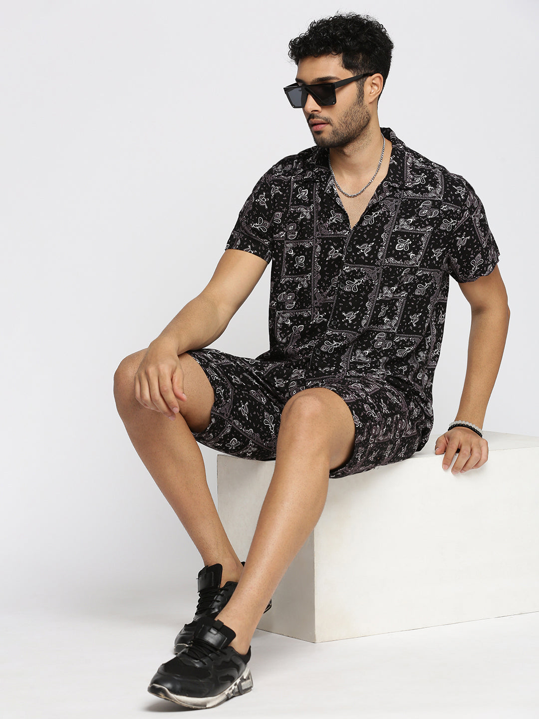 Men Black Cuban Collar Printed Over Sized Co-ords Set