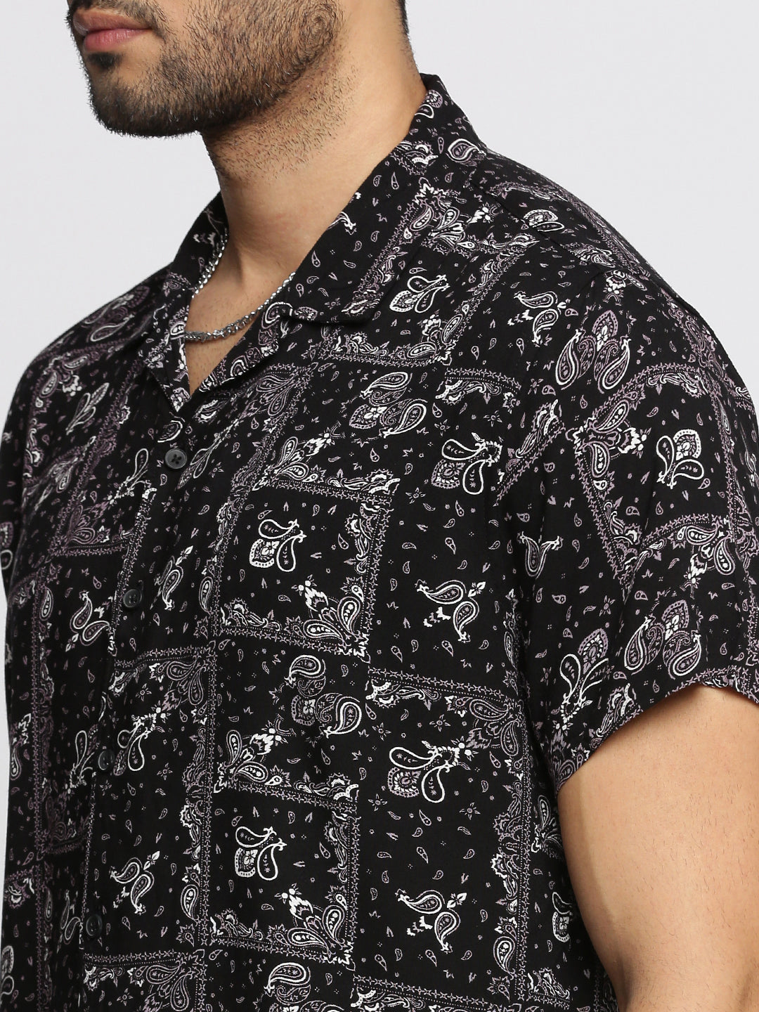 Men Black Cuban Collar Printed Over Sized Co-ords Set