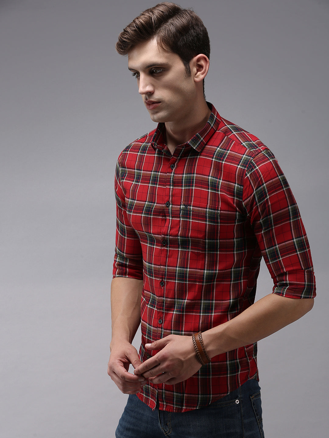 Men's Red Comfort Tartan Checked Cotton Casual Shirt