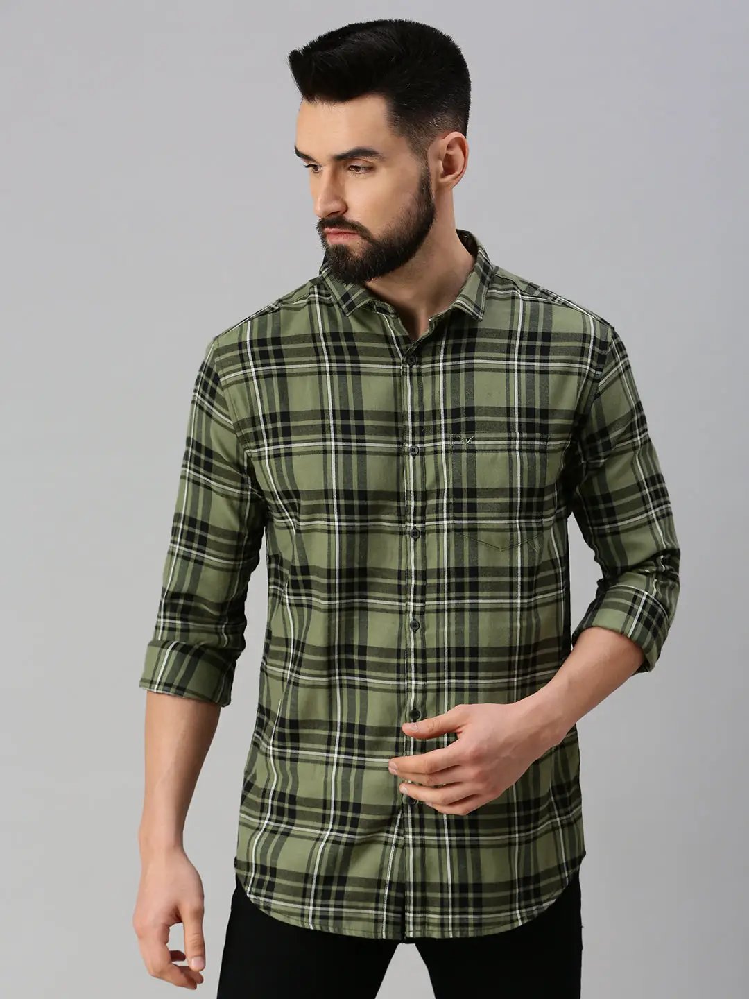 Men's Olive Checked Casual Shirt