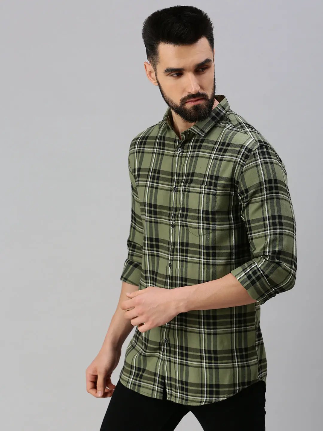 Men's Olive Checked Casual Shirt