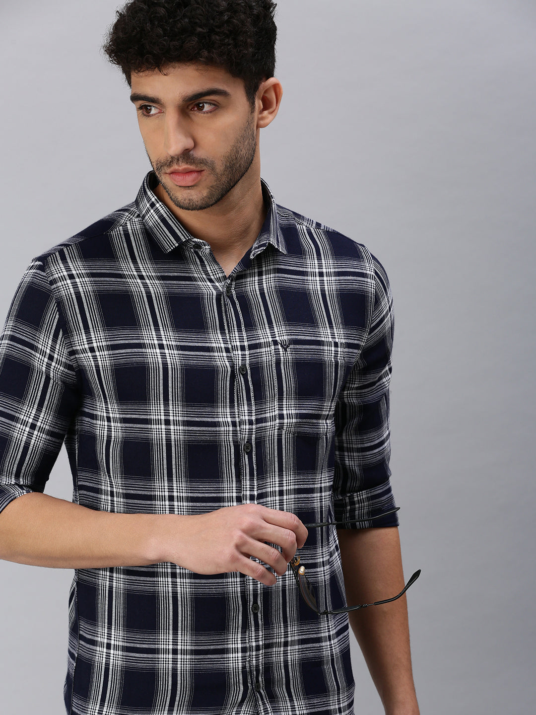 Men Navy Blue Checked Casual Shirt