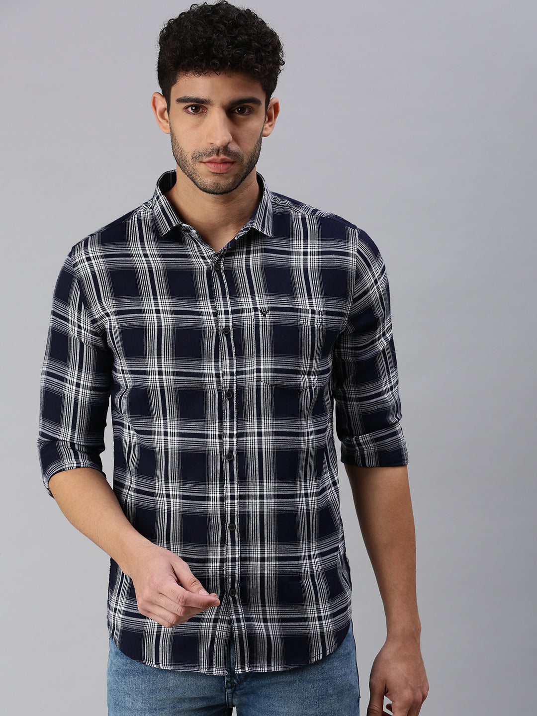 Men Navy Blue Checked Casual Shirt