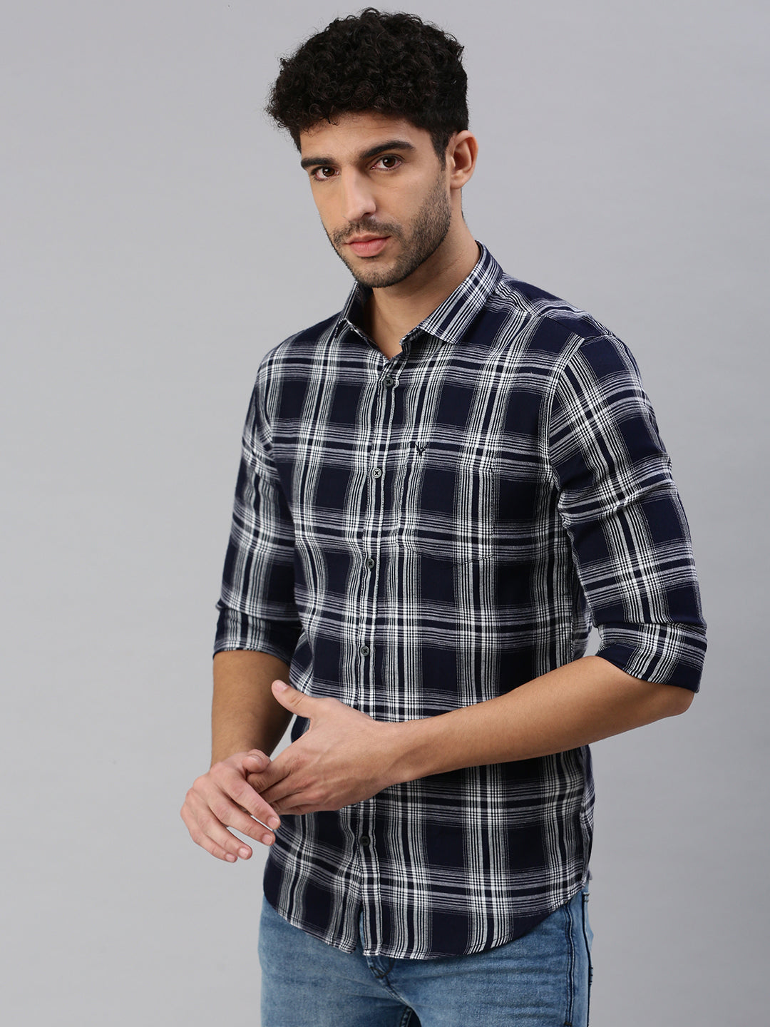 Men Navy Blue Checked Casual Shirt