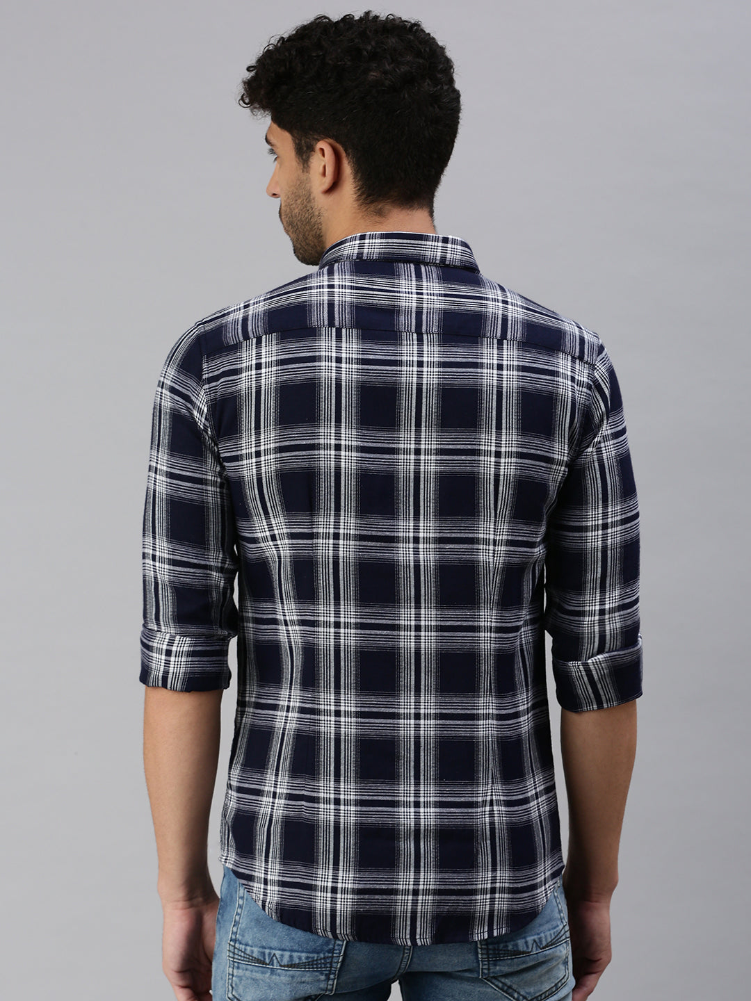 Men Navy Blue Checked Casual Shirt