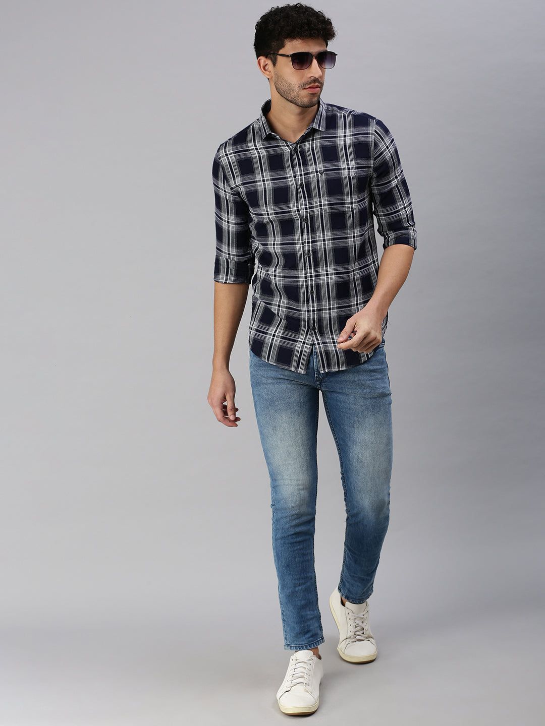 Men Navy Blue Checked Casual Shirt